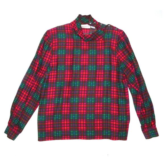 70's 80s Liz Claiborne Red Plaid High Collar Silk Blouse | XSMALL - Picture 3 of 8